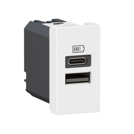 Aparataj - Priza de incarcare USB alba cu port USB A si port USB C in format de 1 modul