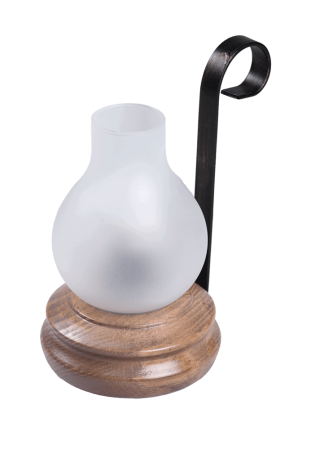 Lampa de birou/veioza - Veioza decorativa cu finisaj nuc din lemn si abajur din sticla alba pentru bec E14