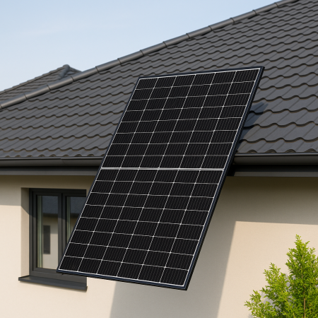 PANOURI FOTOVOLTAICE - Panou solar Jinko Tiger Neo 445W N-Type – imagine tehnică pe fundal rezidențial