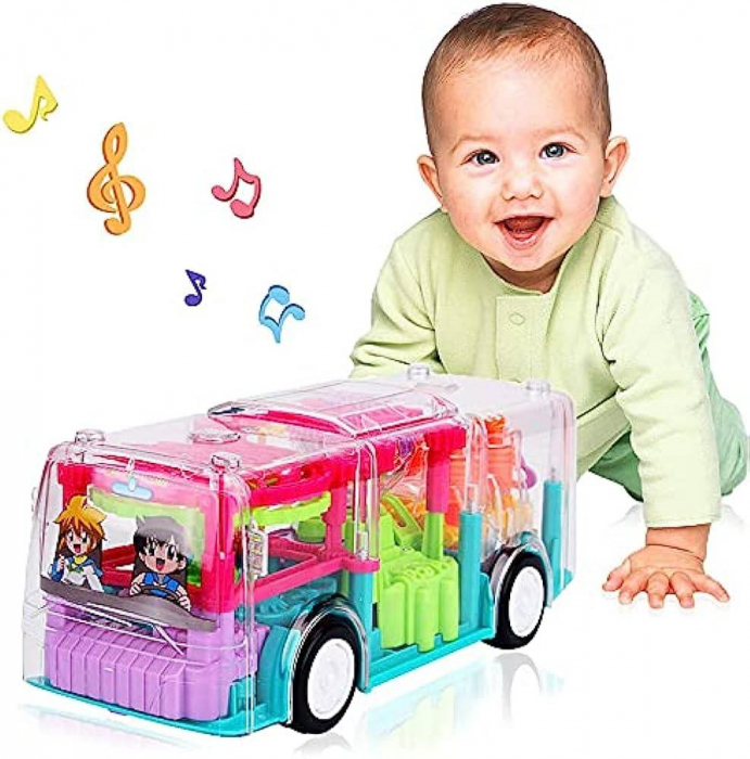 autobuz cu carcasa transparenta, lumini, sunete, rotite multicolore si cifre, 20 cm [3]