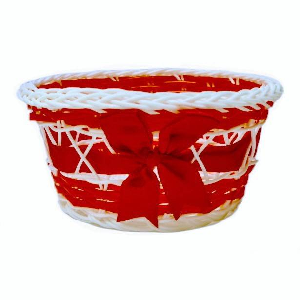 cos impletit din plastic, cu toarta, alb cu panglica rosie, diametrul 15 cm [2]