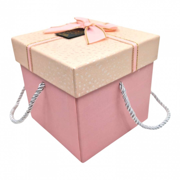 Cutie cadou patrata, cu fundita si snur, 13x13x12.5 cm, roz [4]