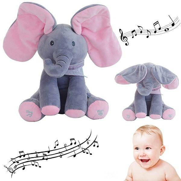 Elefant interactiv Peek a Boo, canta si isi acopera capul cu urechile, stimuleaza inteligenta emotionala si afectivitatea, 30 cm, culoare gri / roz [2]