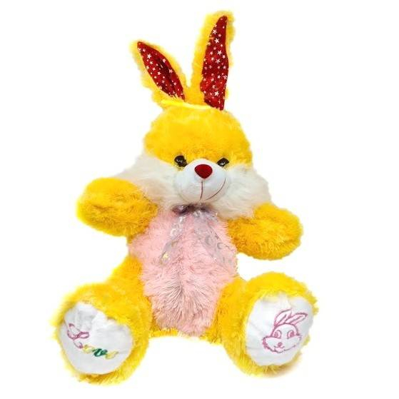 Iepure pufos cu broderie pe labute si fundita din organza, jucarie de plus muzicala cu lumini, 55 cm [2]