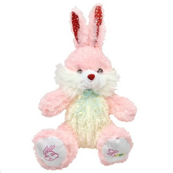 Iepure pufos cu broderie pe labute si fundita din organza, jucarie de plus muzicala cu lumini, 55 cm [3]