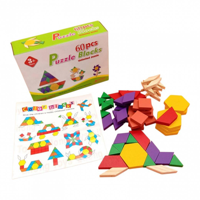 Set educativ mozaic geometric din lemn, tangram cu 60 piese colorate [3]