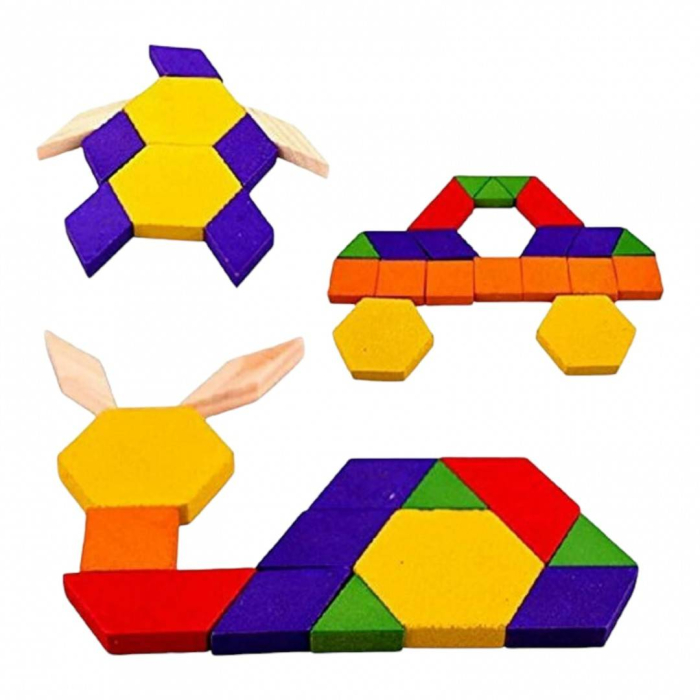 Set educativ mozaic geometric din lemn, tangram cu 60 piese colorate [2]