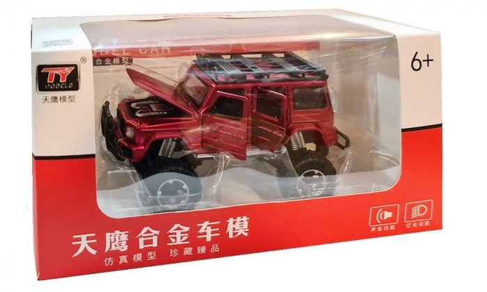 Masina metalica cu amortizoare si roti din cauciuc, macheta cu usi care se deschid, lumini si sunete, 1:32, SUV rosu/alb [8]