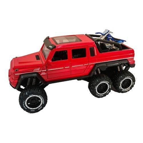 Masina metalica cu amortizoare si roti din cauciuc, macheta cu usi care se deschid, lumini și sunete, motocicleta, 1:24, SUV rosu/negru/verde [5]