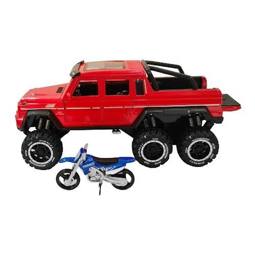Masina metalica cu amortizoare si roti din cauciuc, macheta cu usi care se deschid, lumini și sunete, motocicleta, 1:24, SUV rosu/negru/verde [4]