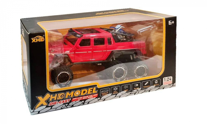 Masina metalica cu amortizoare si roti din cauciuc, macheta cu usi care se deschid, lumini și sunete, motocicleta, 1:24, SUV rosu/negru/verde [7]