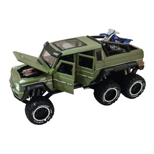 Masina metalica cu amortizoare si roti din cauciuc, macheta cu usi care se deschid, lumini și sunete, motocicleta, 1:24, SUV rosu/negru/verde [10]