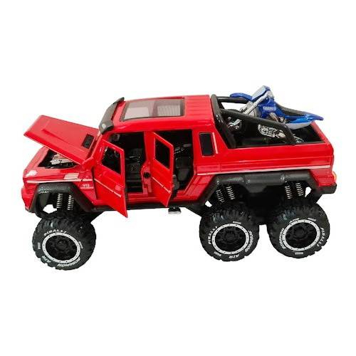 Masina metalica cu amortizoare si roti din cauciuc, macheta cu usi care se deschid, lumini și sunete, motocicleta, 1:24, SUV rosu/negru/verde [6]