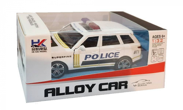 masina metalica cu roti din cauciuc, macheta cu usi care se deschid, politie cu lumini si sunete, girofar, 1:32, alb [4]