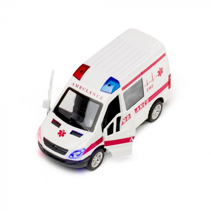 masina metalica de salvare, ambulanta cu doua portiere care se deschid, pull back, sirene luminase, baterii incluse, 12 cm [2]