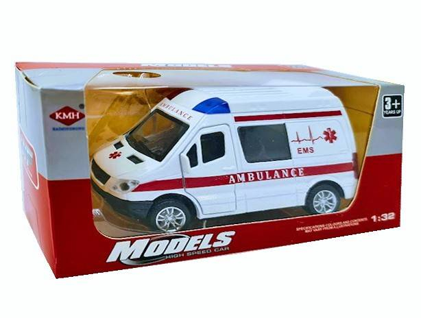 masina metalica de salvare, ambulanta cu doua portiere care se deschid, pull back, sirene luminase, baterii incluse, 12 cm [3]