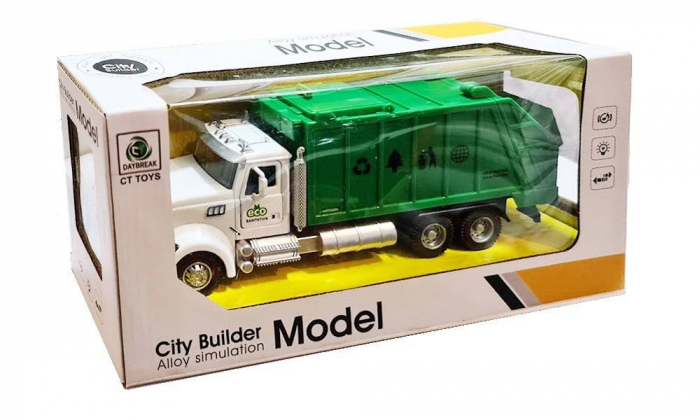 masina metalica, macheta cu usi care se deschid, lumini si sunete de motor, gunoi cu pubela detasabila, verde [7]