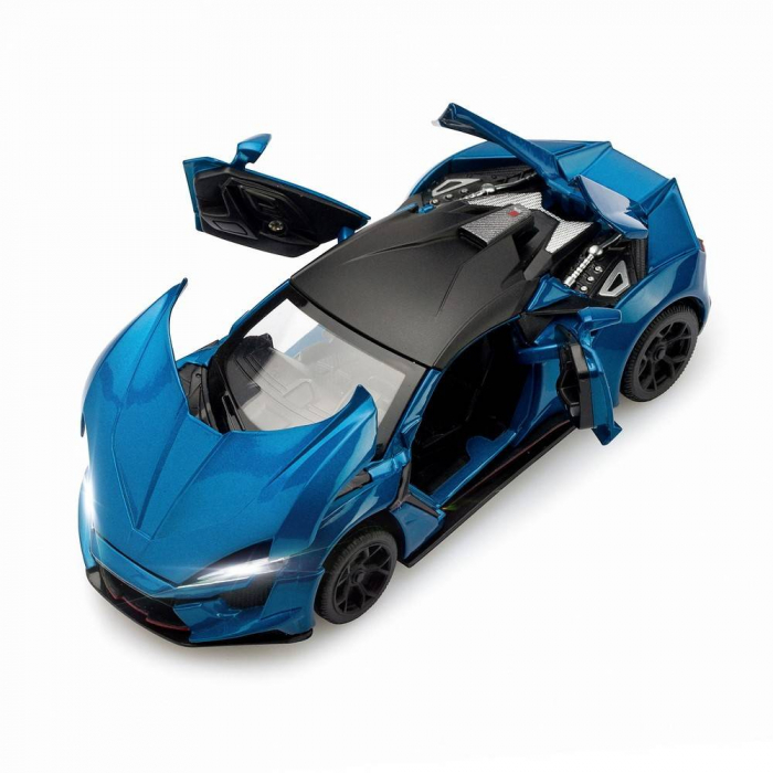 Masina metalica sport, macheta cu portiere care se deschid, pull back, lumini si sunete,baterii incluse,1:32, albastru/rosu [5]
