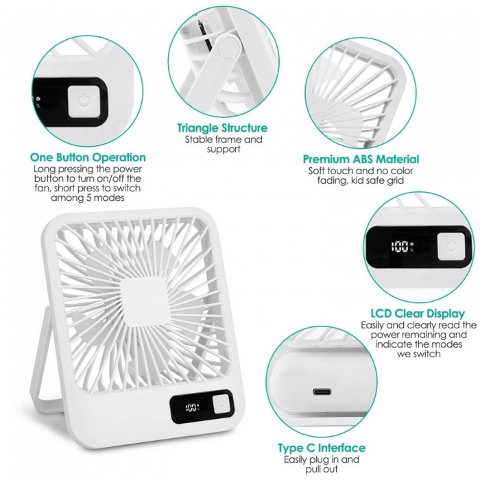 Mini Ventilator Portabil Cu Ecran LCD, alb, 14x17x4 cm [3]