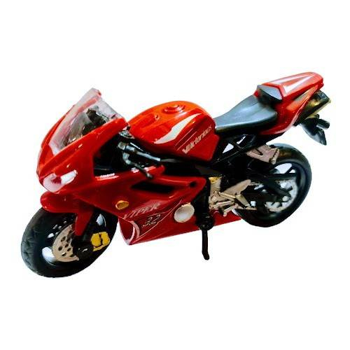 motocicleta metalica cu roti de cauciuc, macheta care vireaza, cric detasabil, 1:18, galben/rosu/albastru [5]