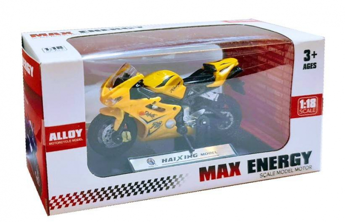 motocicleta metalica cu roti de cauciuc, macheta care vireaza, cric detasabil, 1:18, galben/rosu/albastru [4]
