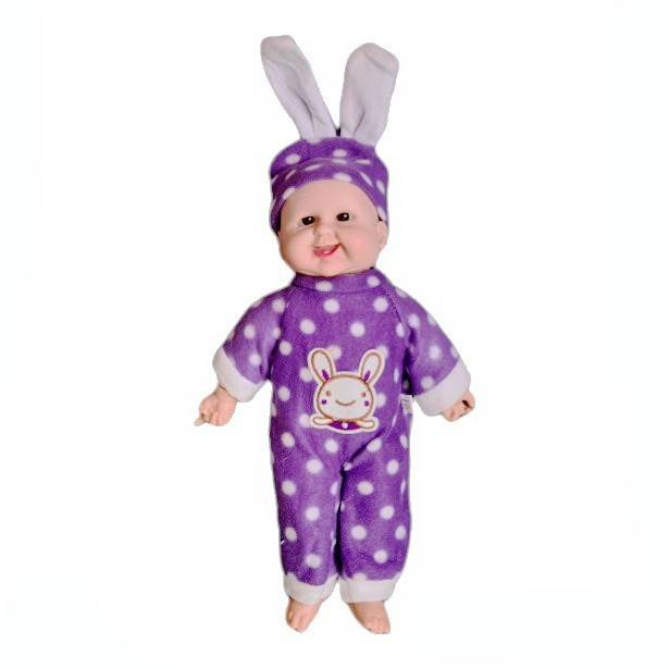 papusa interactiva, bebe care rade, corp moale, caciula cu urechi de iepure, albastru/roz/mov, 36 cm [3]