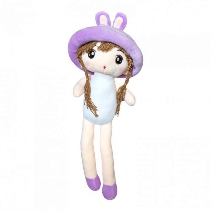 Papusa textila cu detalii brodate, palarie cu urechiuse, roz/mov/rosu, 48 cm [3]