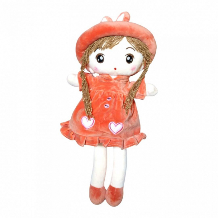 Papusa textila cu detalii brodate, palarie cu urechiuse, roz/mov/rosu, 48 cm [8]