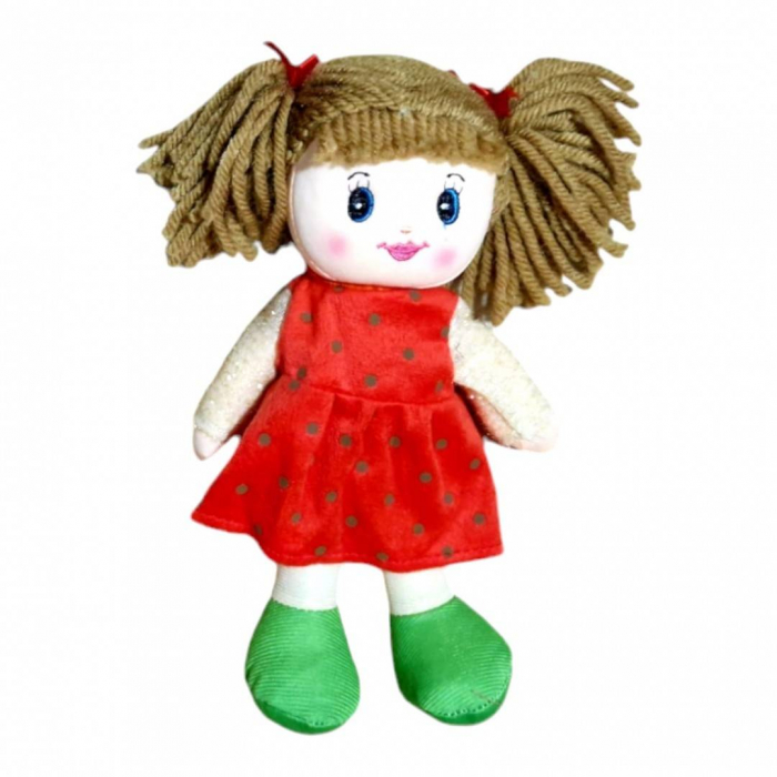 Papusa textila cu detalii brodate, rochita rosie/mov/roz, 28 cm [2]