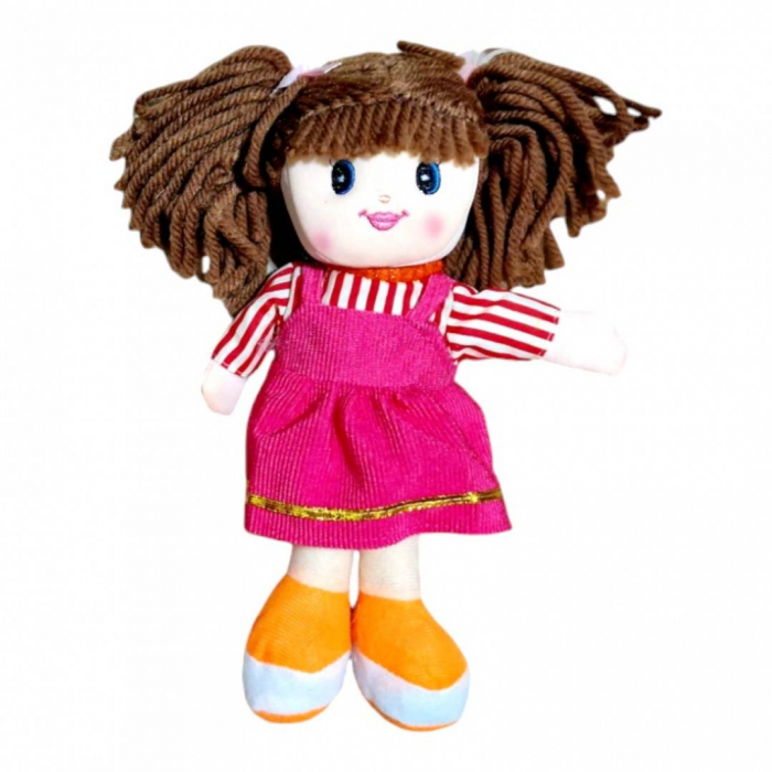 Papusa textila cu detalii brodate, rochita rosie/mov/roz, 28 cm [3]