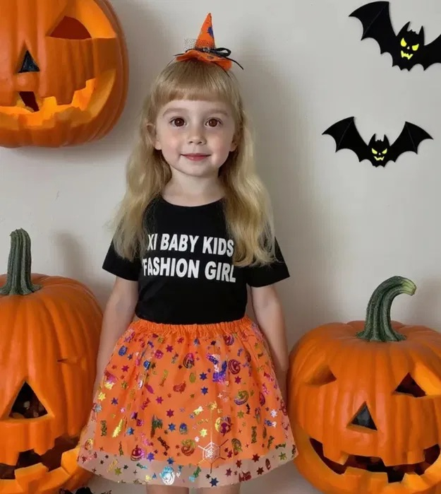 Set costum vrajitoare Halloween pentru copii, fustita si bentita cu palarie, 3-8 ani [4]