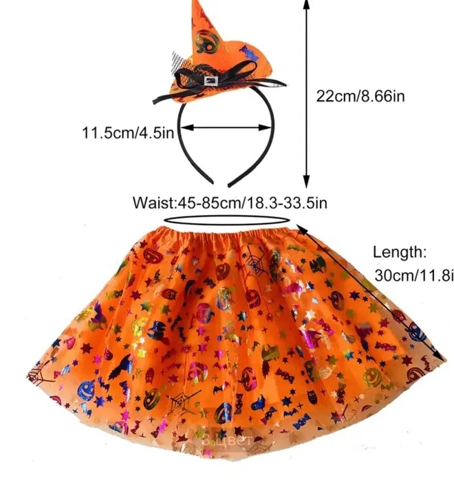 Set costum vrajitoare Halloween pentru copii, fustita si bentita cu palarie, 3-8 ani [3]