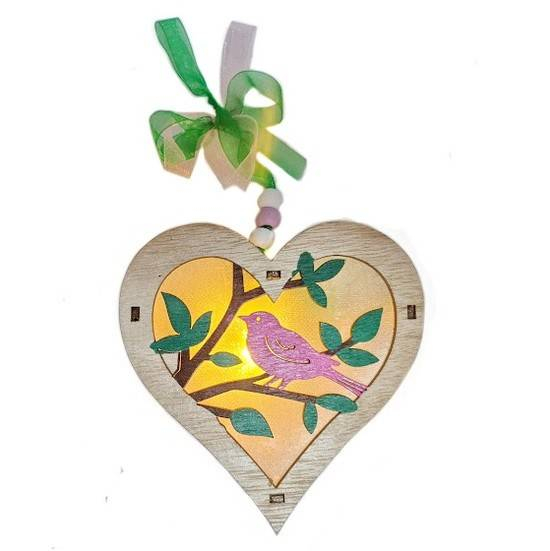 decoratiune din lemn cu agatatoare, peisaj primavara pictat manual, inima, lumini, baterii incluse, 12 cm- Copie [2]