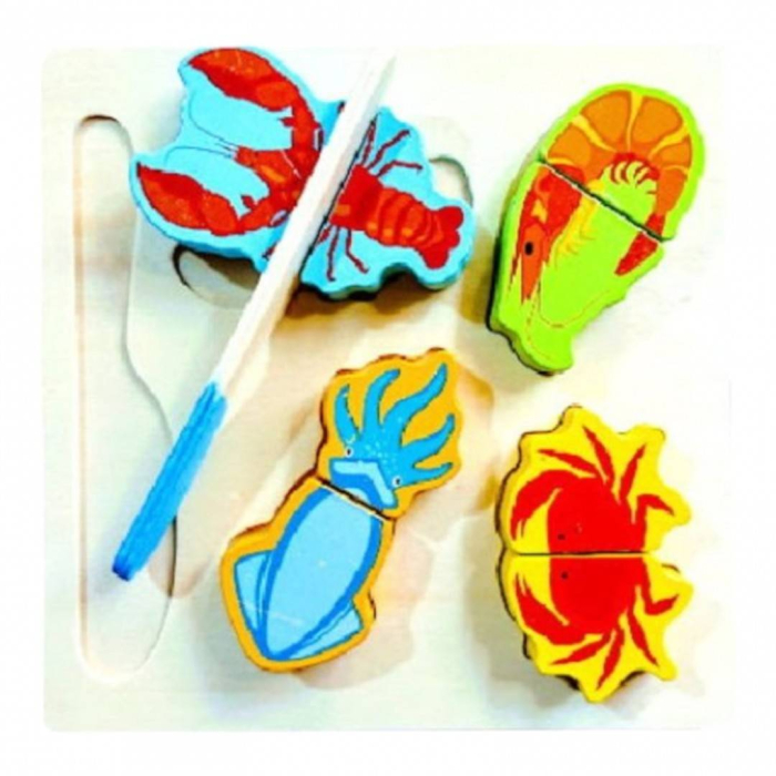 Puzzle educativ din lemn cu animale marine si prindere cu scai, set 10 piese [2]