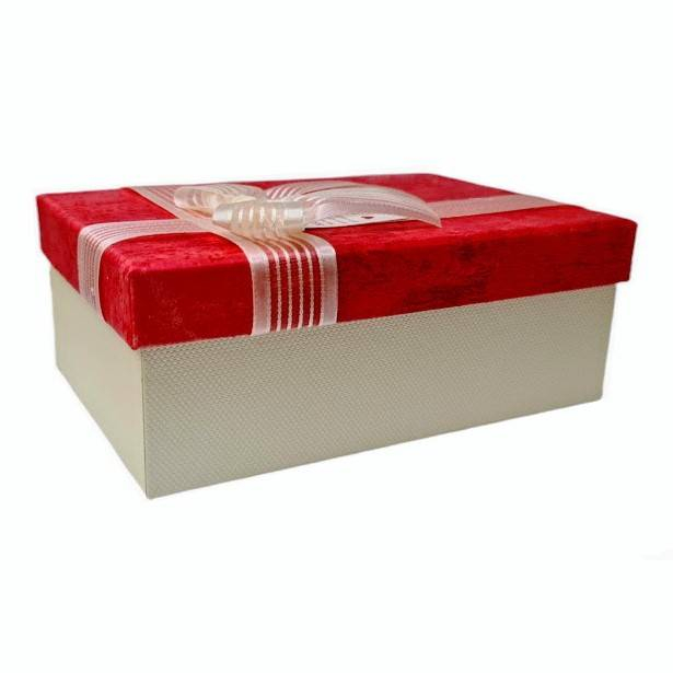 set 3 cutii cadou in forma dreptunghiulara, fundita din organza, bej cu capac rosu 17.5-22.5 cm [2]