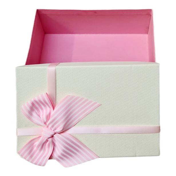 set 3 cutii cadou in forma dreptunghiulara, fundita textila cu dungulite, crem cu capac roz 17.5-22.5 cm [3]