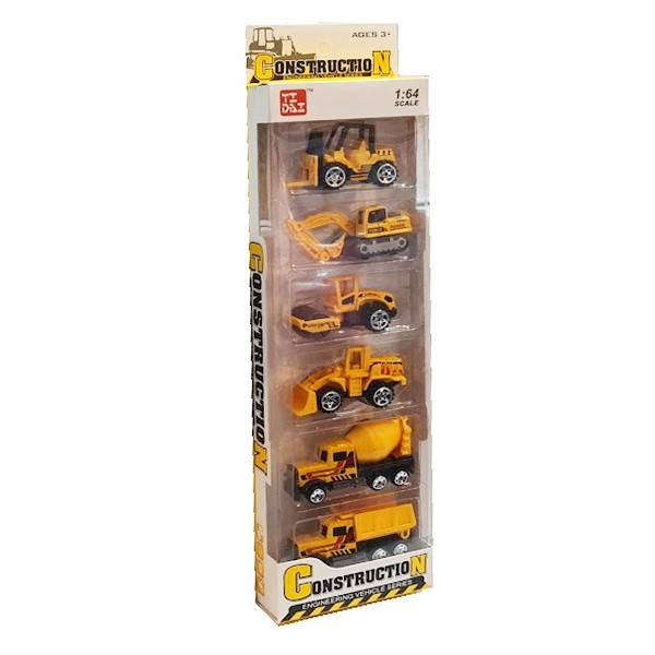 set 6 masini metalice de santier, utilaje cu parti mobile, camion, macara, betoniera, compactor, excavator, stivuitor, 1:64, galben [2]