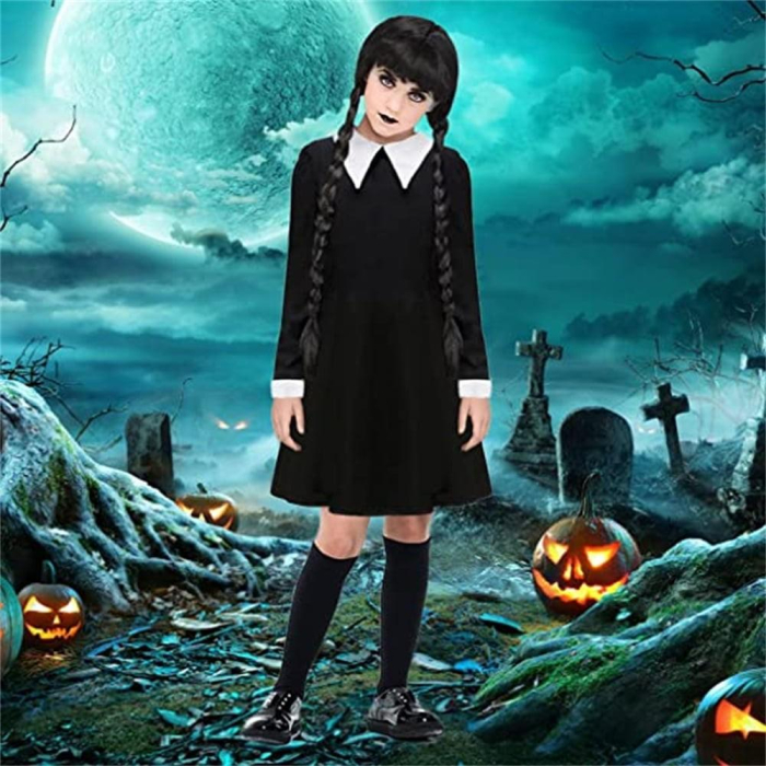 Costumatie Wednesday pentru copii, rochita neagra cu guler alb [2]