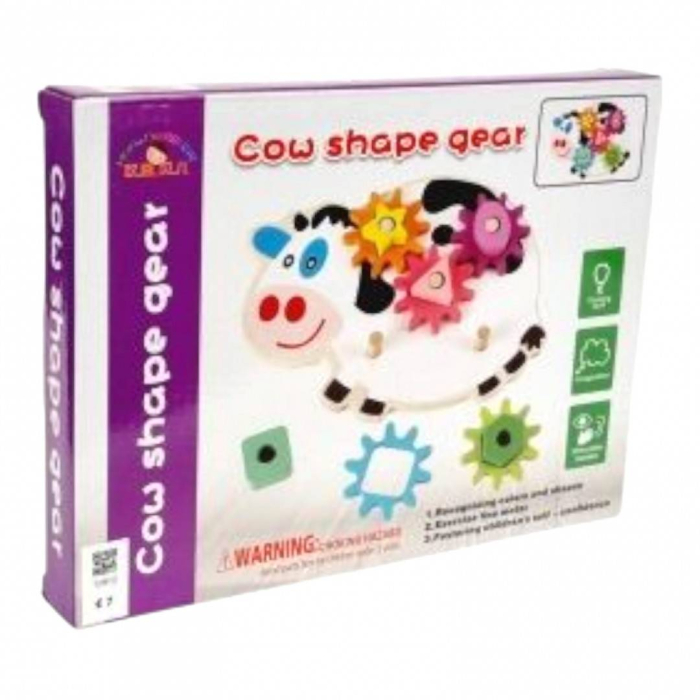 Jucarie educativa din lemn, vacuta cu roti dintate colorate [3]