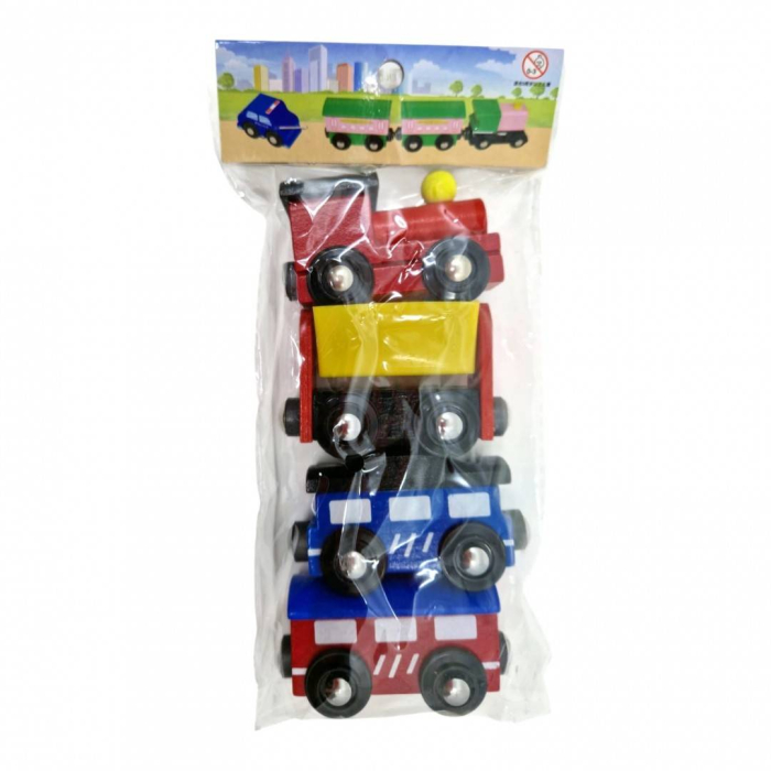 Trenulet din lemn colorat cu locomotiva si 3 vagoane, prindere magnetica, multicolor [4]
