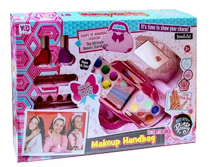 trusa make-up model poseta, caseta machiaj pe doua nivele cu oglinda, farduri de pleoape, oja, ruj, stickere cu sclipici pentru unghii, 40x27x4.5 cm [2]