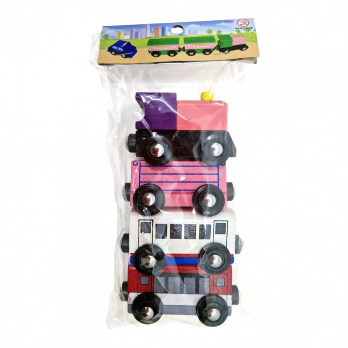 Trenulet din lemn colorat cu locomotiva si 3 vagoane, prindere magnetica, roz [2]