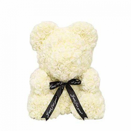 Flori artificiale - Aranjament Urs alb , Ursulet Decorat Manual Cu Trandafiri De Spuma, Teddy Bear 40 Cm