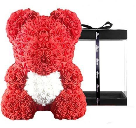 Flori artificiale - Aranjament urs rosu cu inima alba , ursulet decorat manual cu trandafiri de spuma, cutie inclusa, Teddy Bear 40 cm