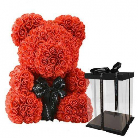 Flori artificiale - Aranjament urs rosu, ursulet decorat manual cu trandafiri de spuma, cutie inclusa, Teddy Bear 40 cm