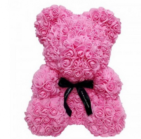 Flori artificiale - Aranjament urs roz, ursulet decorat manual cu trandafiri de spuma, Teddy Bear 40 cm, cutie inclusa