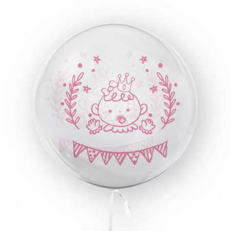Petrecere - Balon transparent imprimat fata-verso, 45 cm, decor botez, bebe, roz