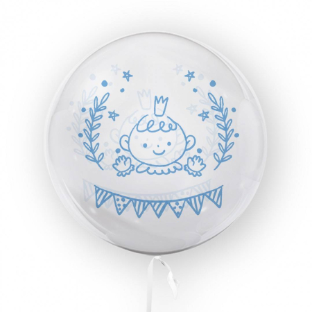 Petrecere - Balon transparent imprimat fata-verso, 45 cm, decor botez, bebe, bleu
