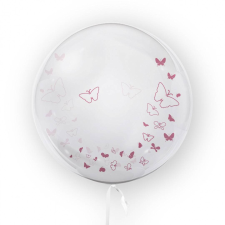 Petrecere - Balon transparent imprimat fata-verso, 45 cm, decor fluturi, roz