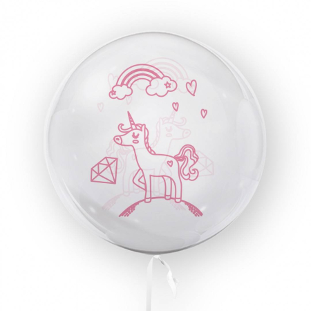 Petrecere - Balon transparent imprimat fata-verso, 45 cm, decor botez, unicorn, roz